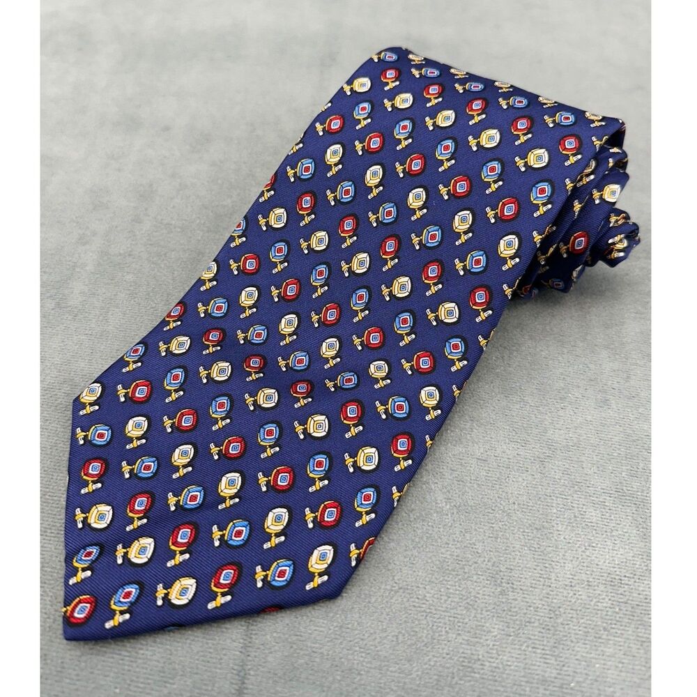 Louis Dell'Olio Mens Silk Tie Navy Blue Geometric Novelty Print Made in Italy